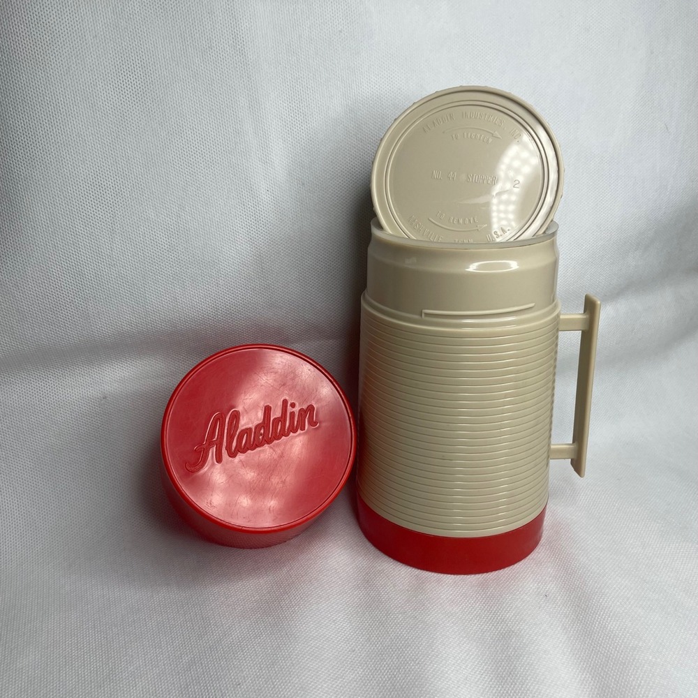 Vintage Aladdin HY-LO Wide Mouth Thermos Vacuum Bottle Container Cream Red Cup